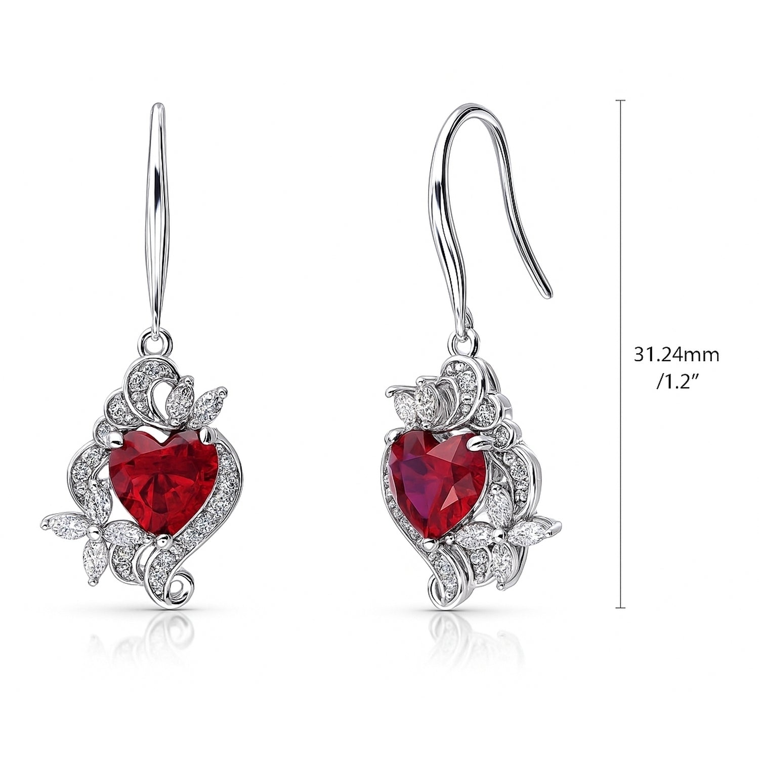 Heart Flower CZ Fish Hook Earrings in Sterling Silver, Ruby Color