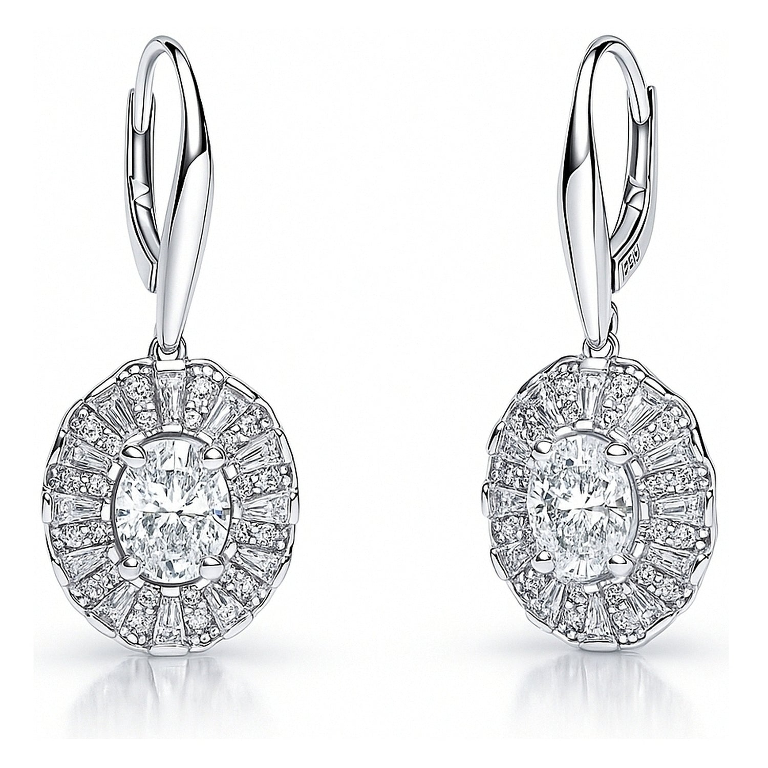 Halo Art Deco Oval CZ Leverback Earrings in Sterling Silver