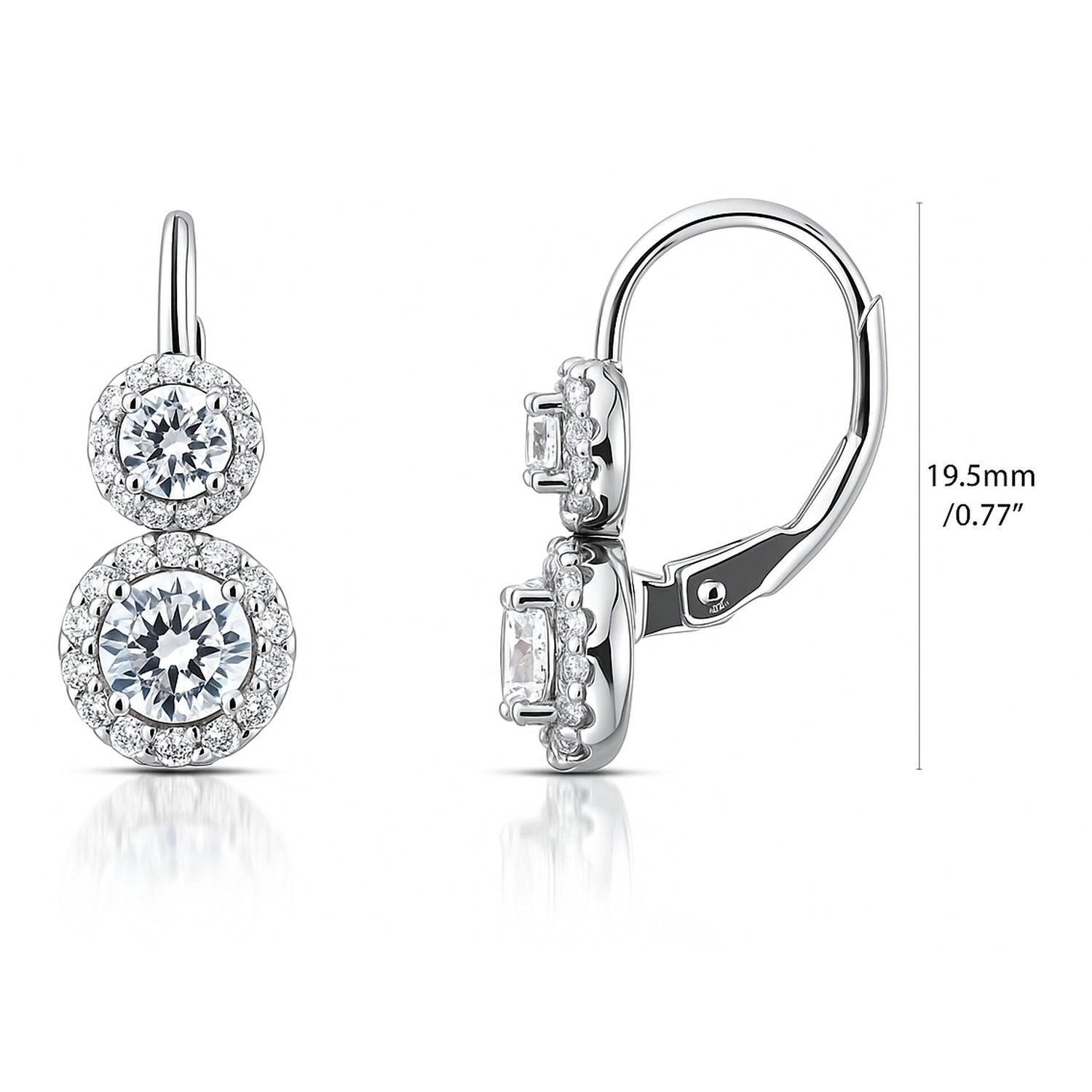 Halo 2-Stone CZ Leverback Earrings in Sterling Silver