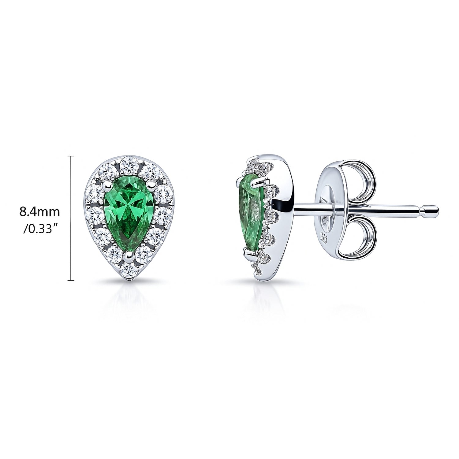 Halo Pear CZ Stud Earrings in Sterling Silver, Green Color