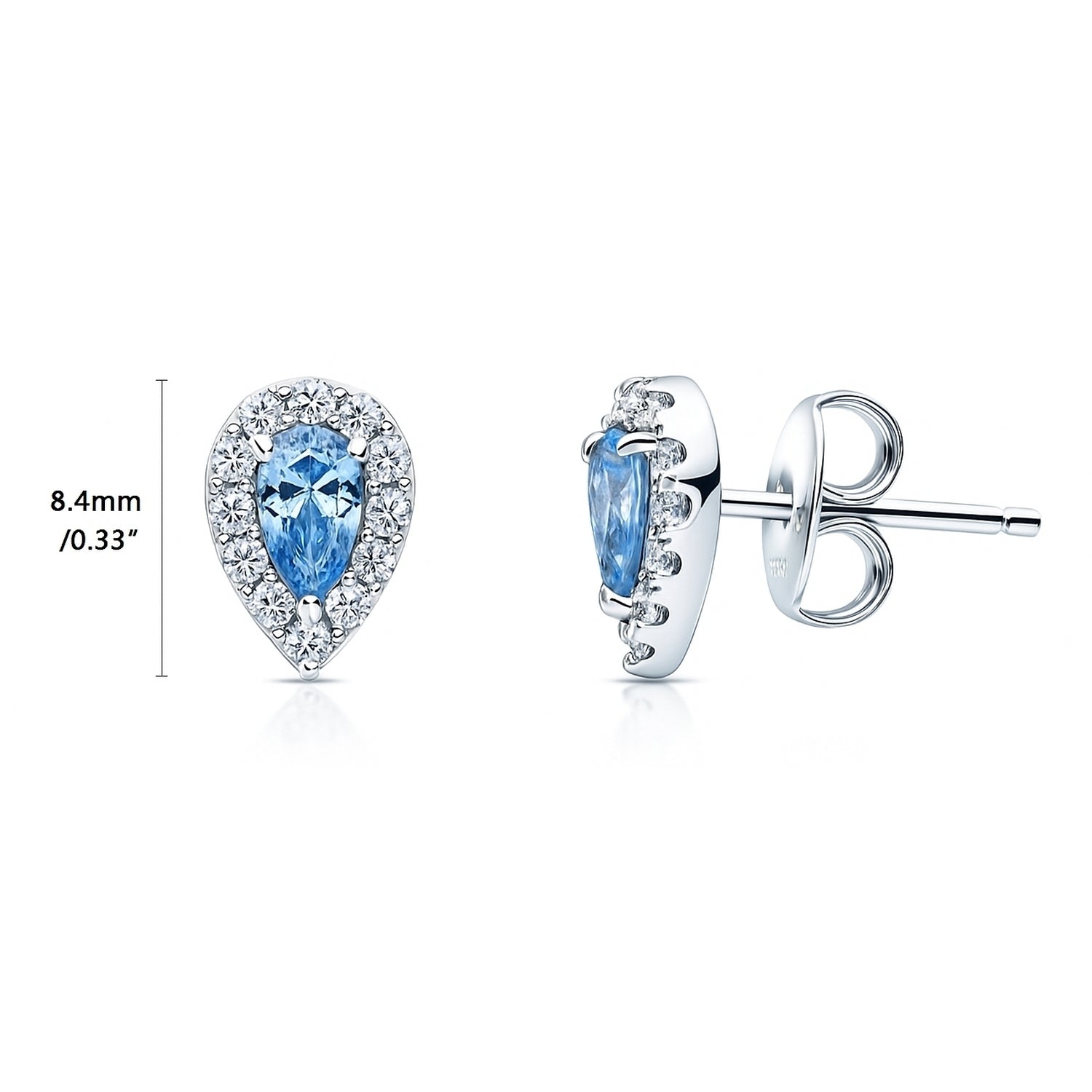 Halo Pear CZ Stud Earrings in Sterling Silver, Greyish Blue Color
