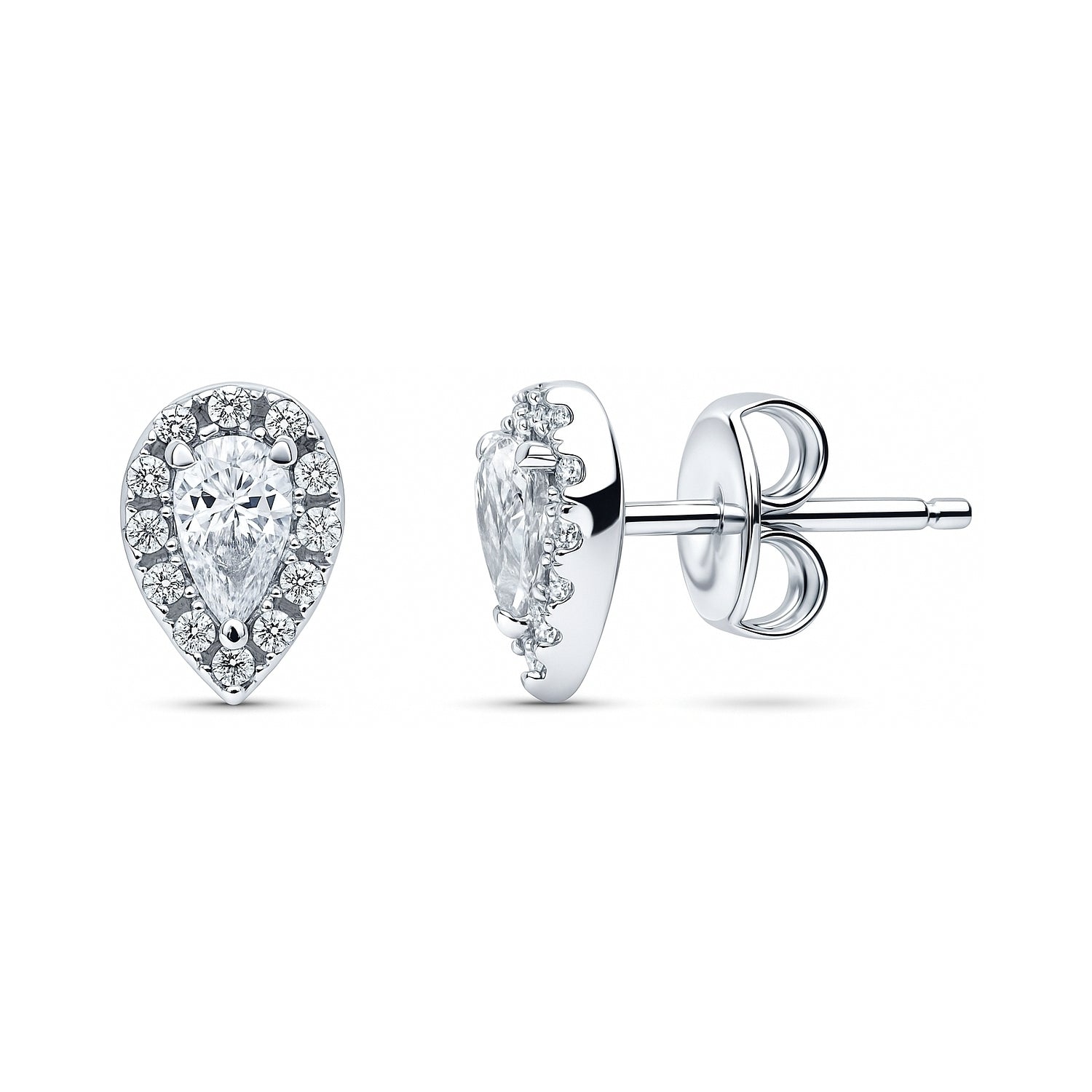 Halo Pear CZ Stud Earrings in Sterling Silver, Clear Color