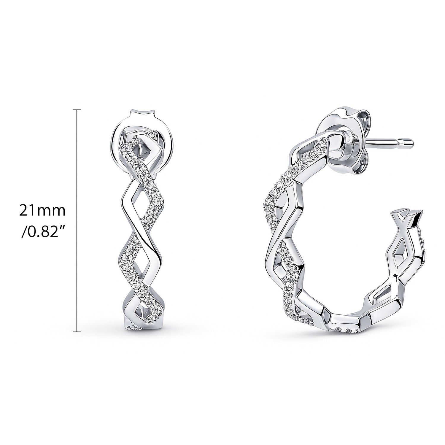 Woven CZ Small Hoop Earrings in Sterling Silver 0.8 inch, Rhodium Plated