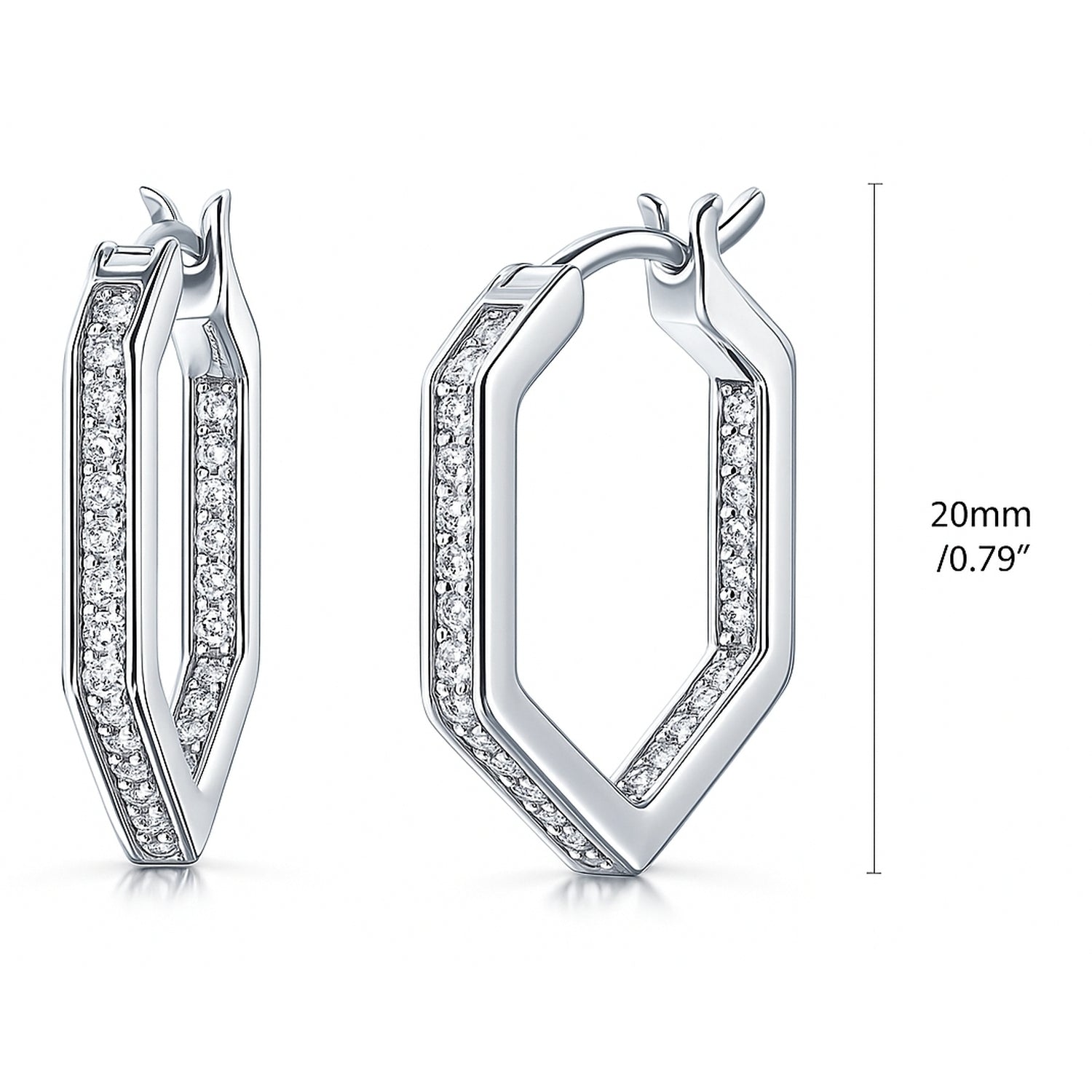 Hexagon CZ Small Inside-Out Hoop Earrings in Sterling Silver 0.8 inch, Rhodium Plated