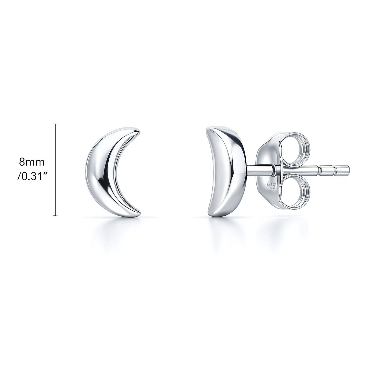 Crescent Moon Cartilage Stud Earrings in Sterling Silver, Rhodium Plated