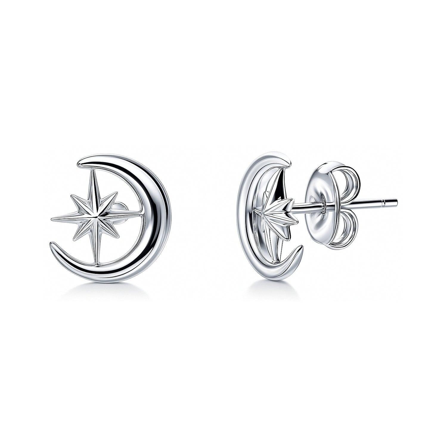 Crescent Moon North Star Stud Earrings in Sterling Silver, Rhodium Plated