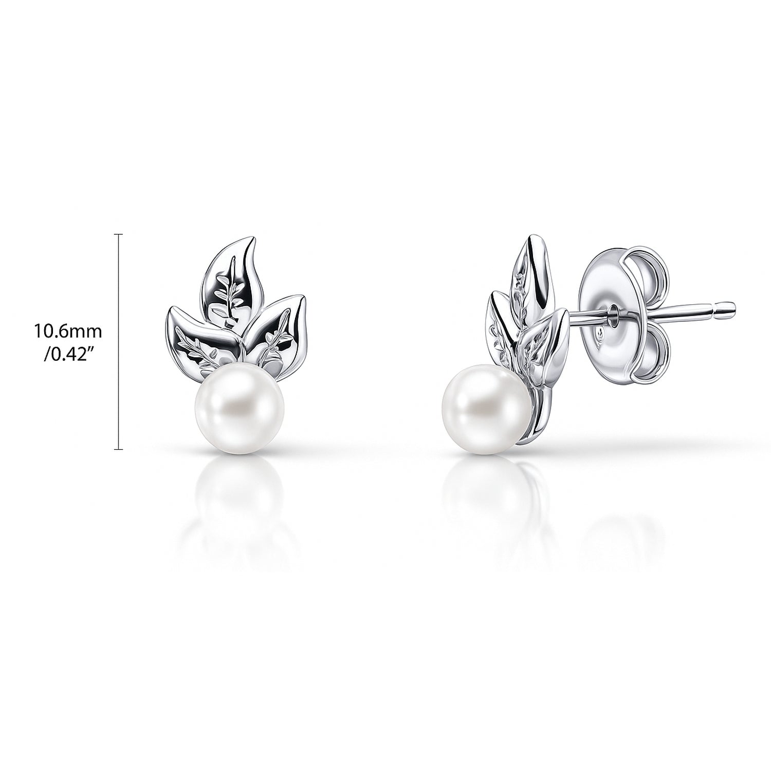 Leaf Imitation Pearl Stud Earrings in Sterling Silver, Rhodium Plated