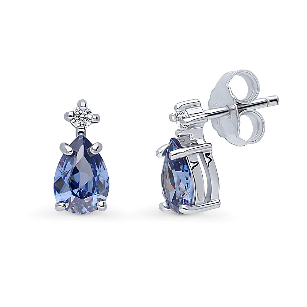 Solitaire 2-Stone 1.4ct Pear CZ Stud Earrings in Sterling Silver, Tanzanite Color