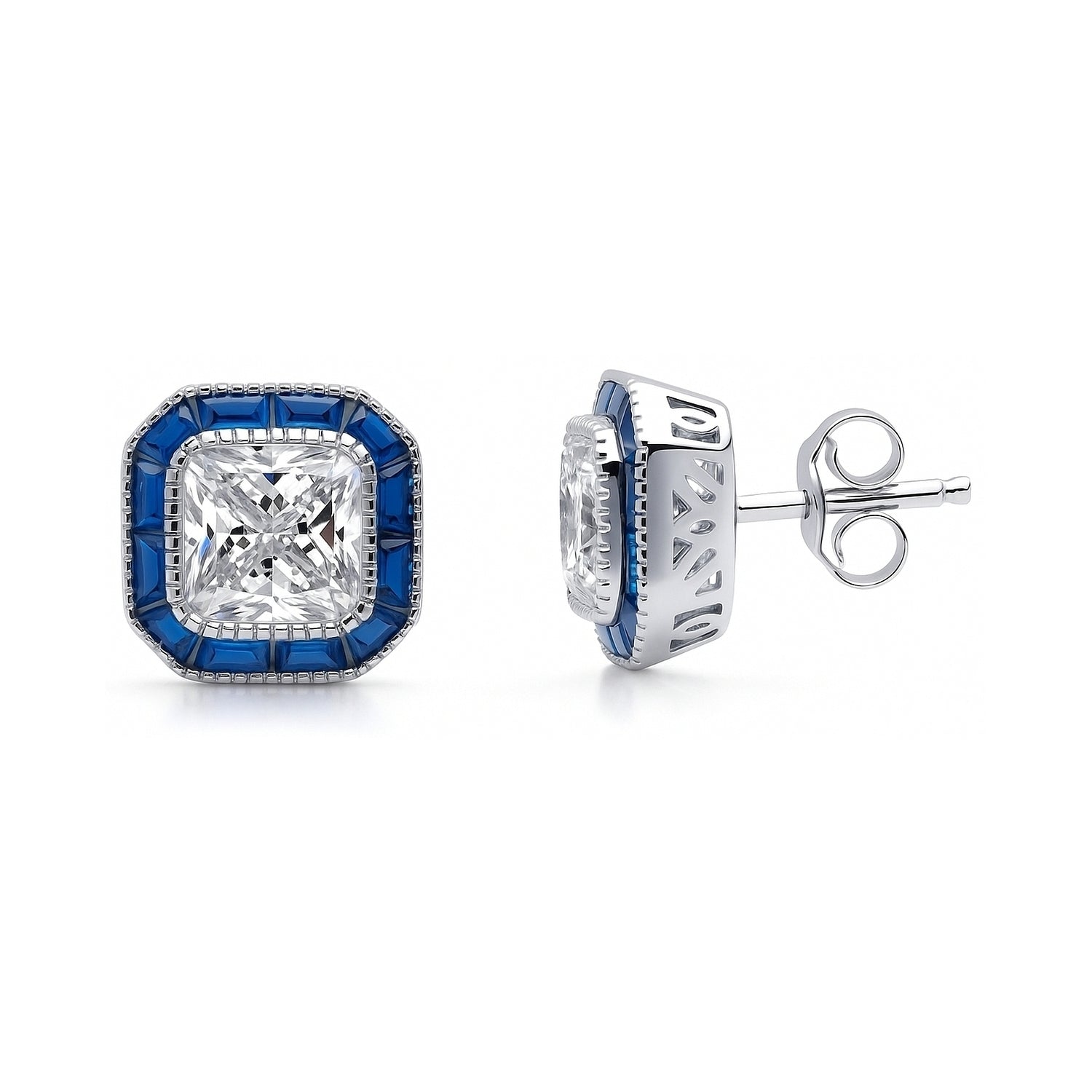 Halo Art Deco Milgrain Princess CZ Set in Sterling Silver
