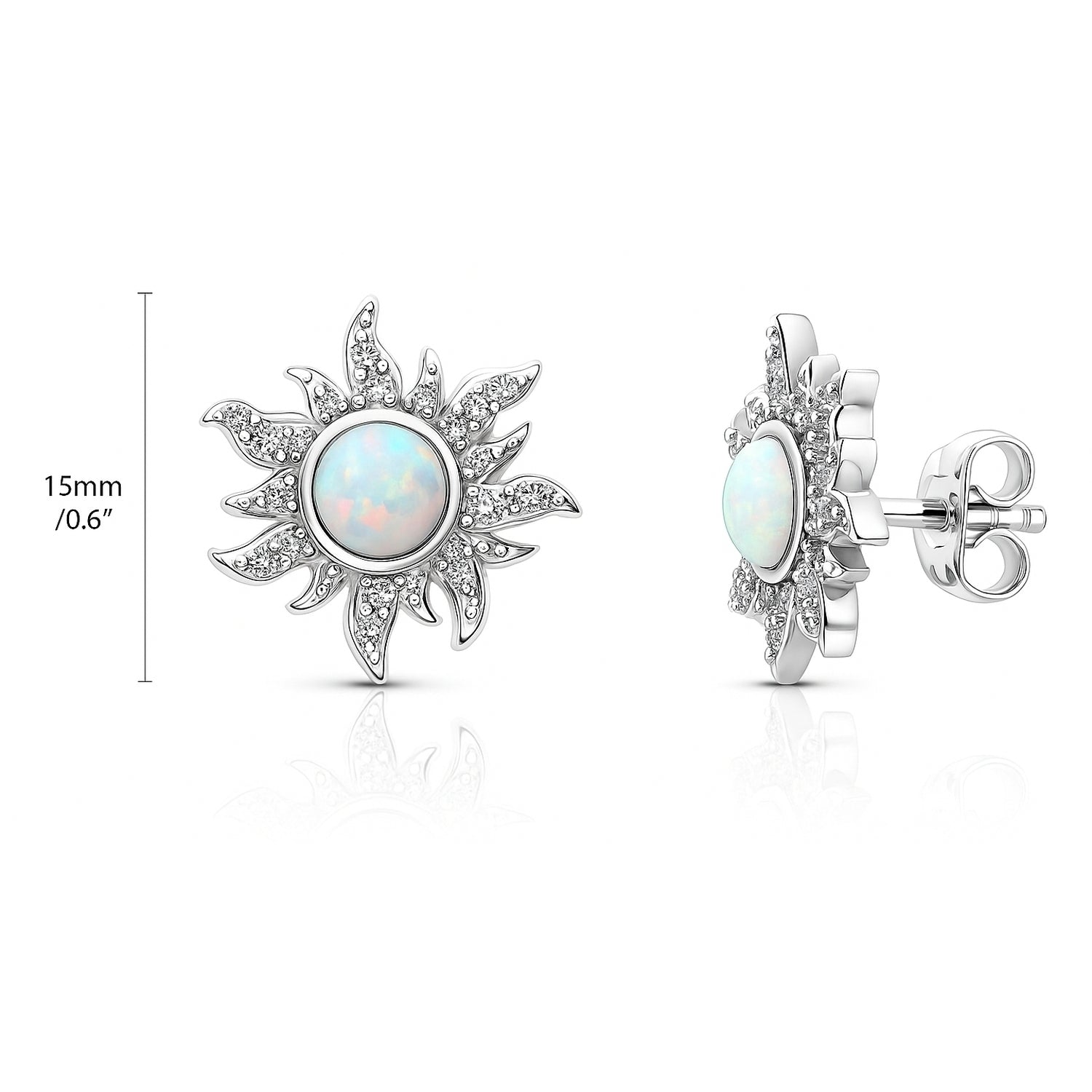 Sun Sunburst Halo Opal-White CZ Stud Earrings in Sterling Silver, Rhodium Plated