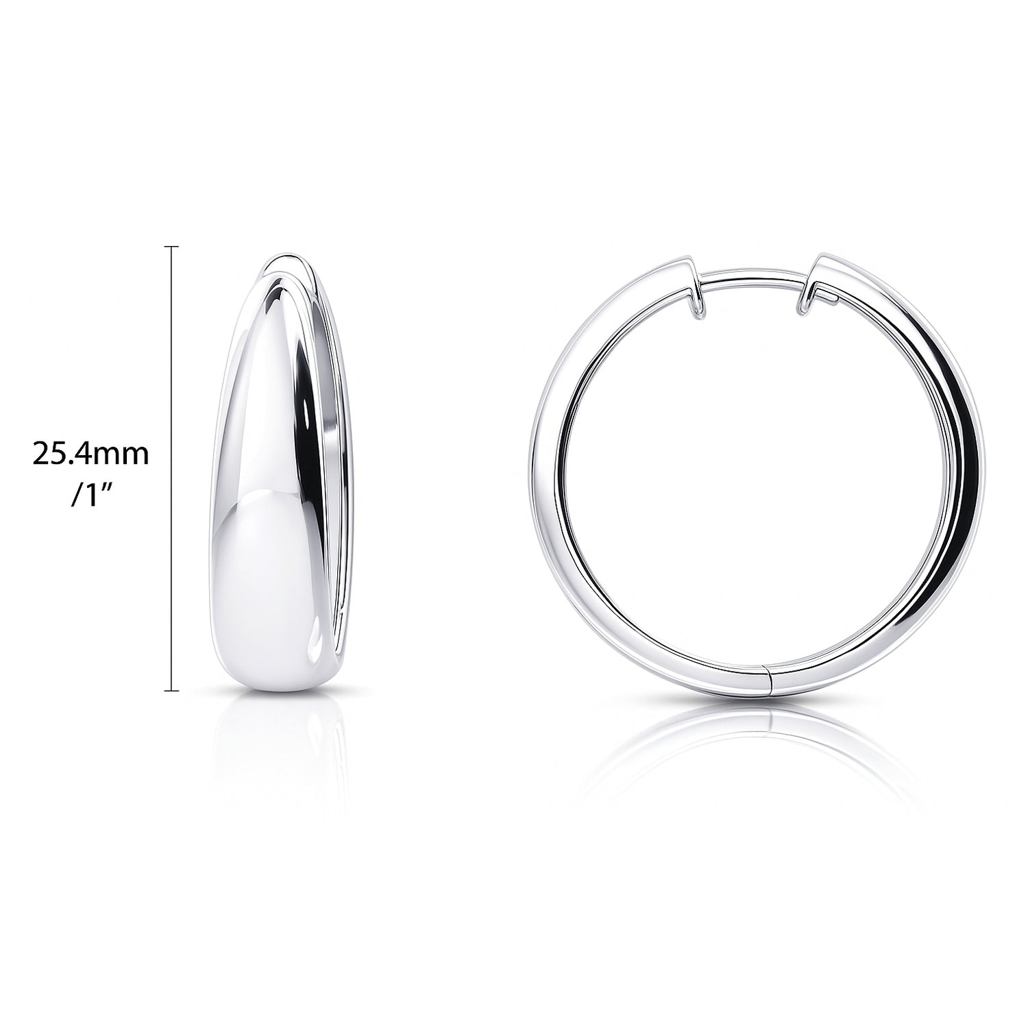 Dome Small Hoop Earrings in Sterling Silver 1 inch, Rhodium Plated