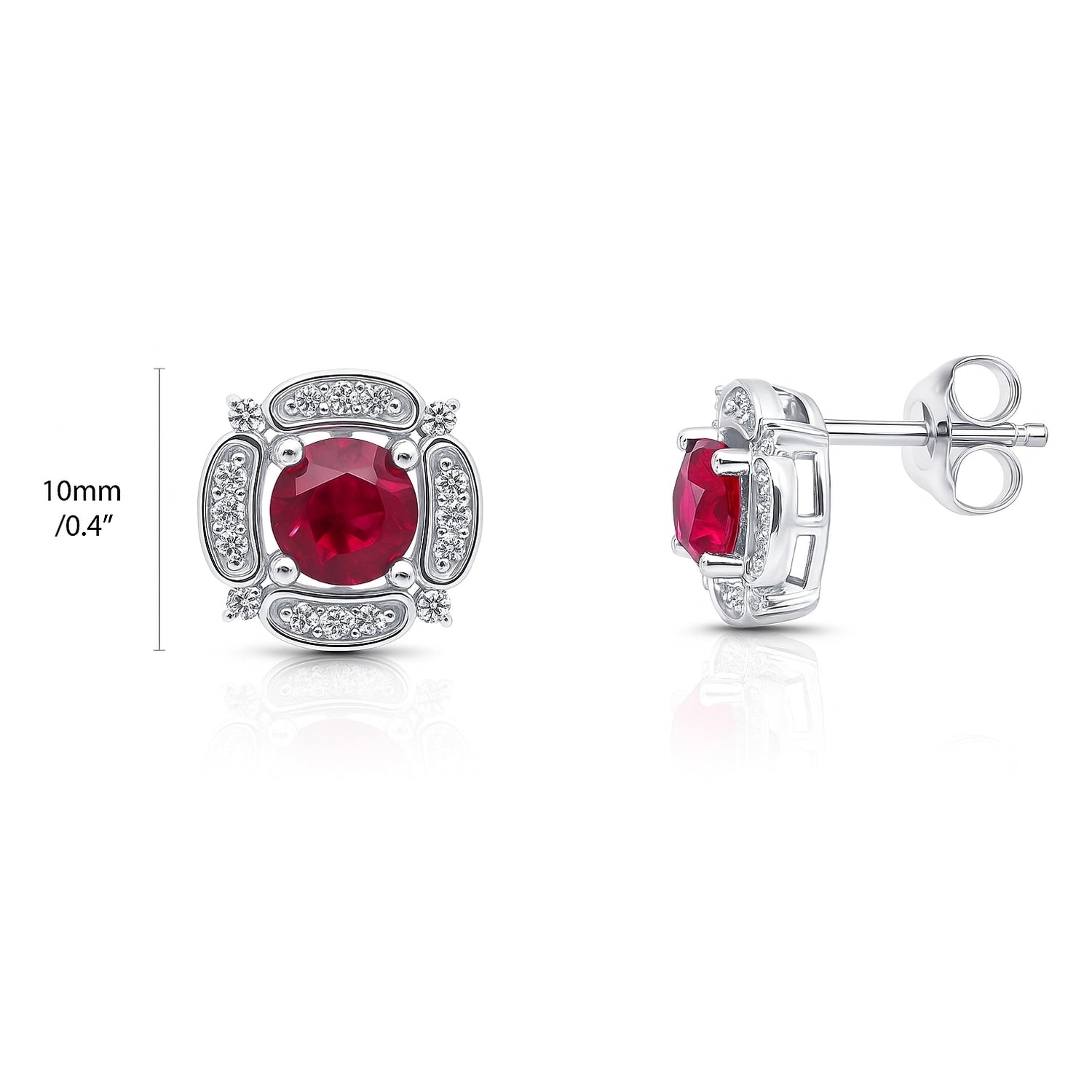 Flower Halo CZ Necklace and Earrings in Sterling Silver, Ruby Color