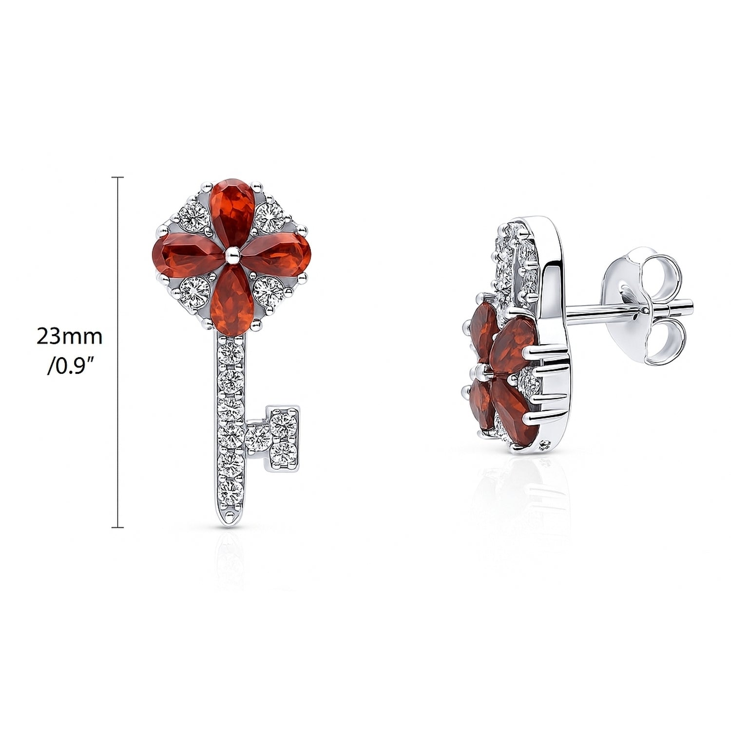 Key and Lock CZ Stud Earrings in Sterling Silver, Red Color