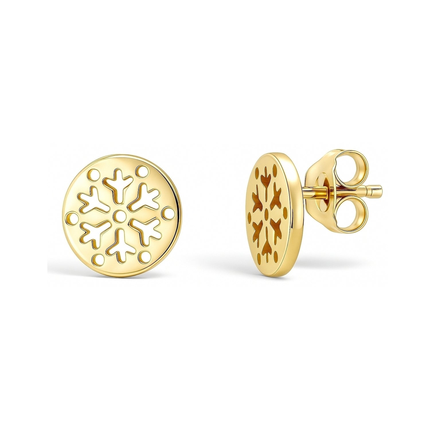 Snowflake Coin Stud Earrings in Sterling Silver, Yellow Gold Flashed