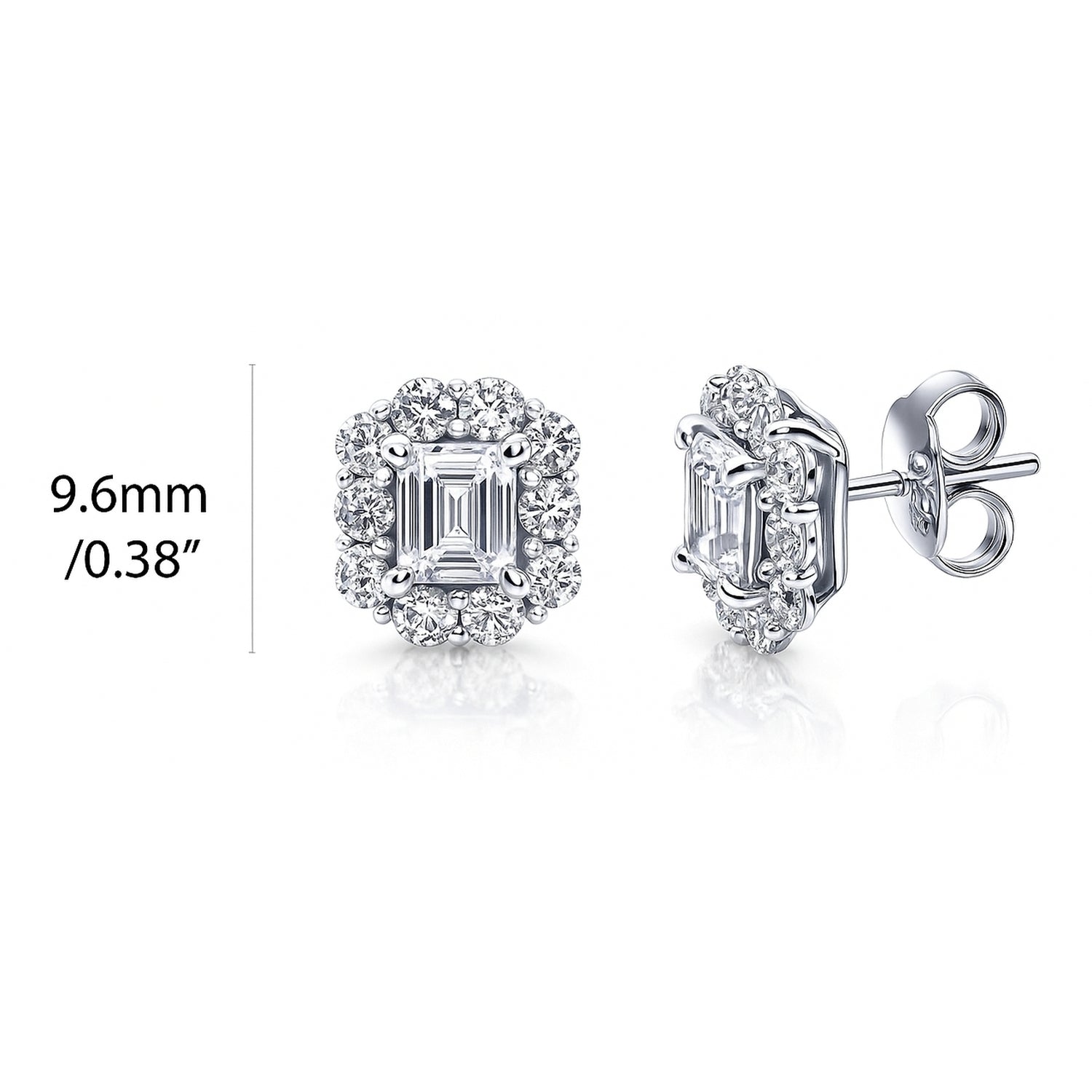 Halo Emerald Cut CZ Stud Earrings in Sterling Silver