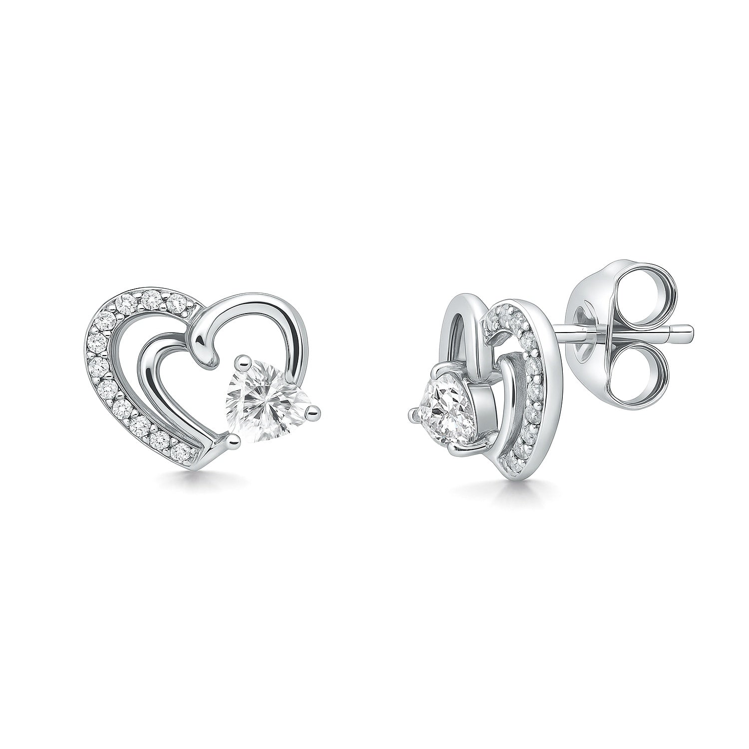 Open Heart CZ Stud Earrings in Sterling Silver, Rhodium Plated