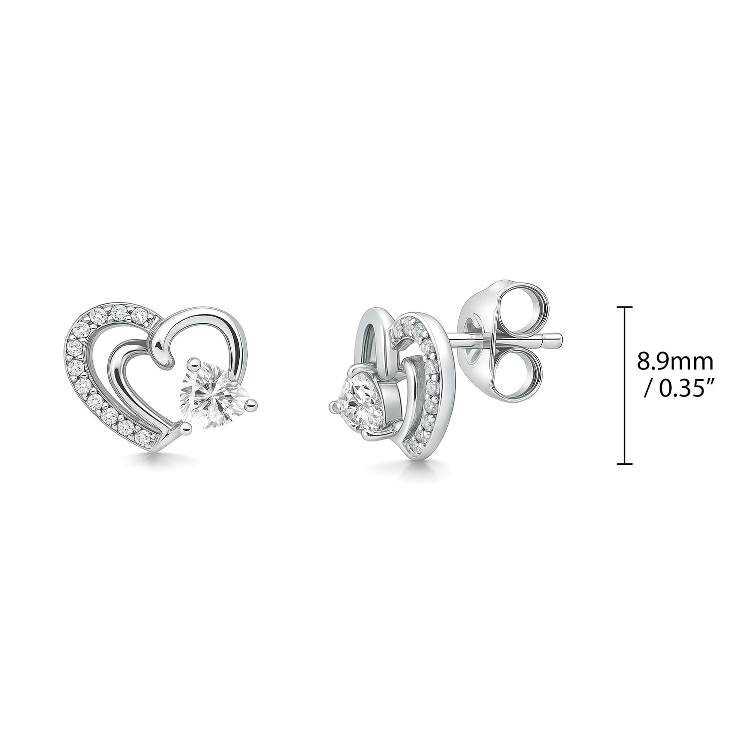 Open Heart CZ Stud Earrings in Sterling Silver, Rhodium Plated