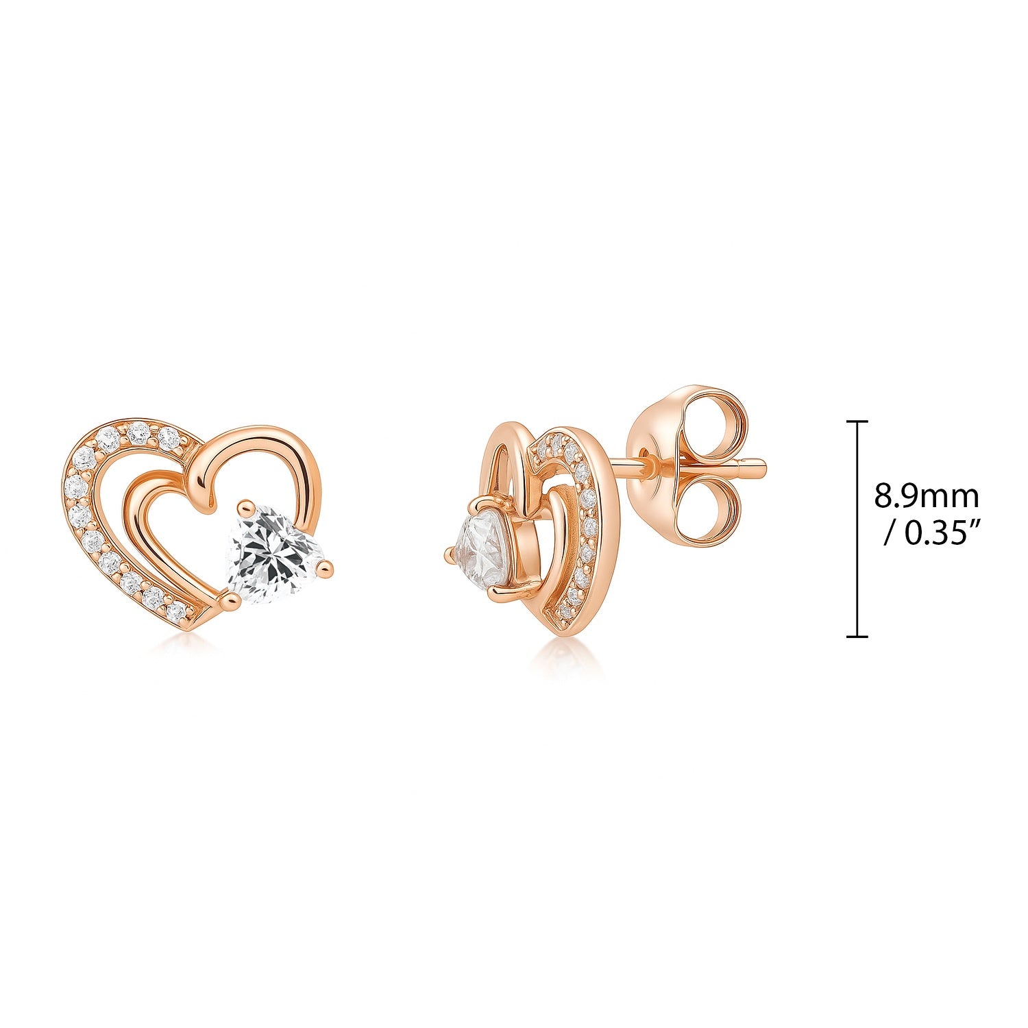 Open Heart CZ Stud Earrings in Sterling Silver, Rose Gold Flashed