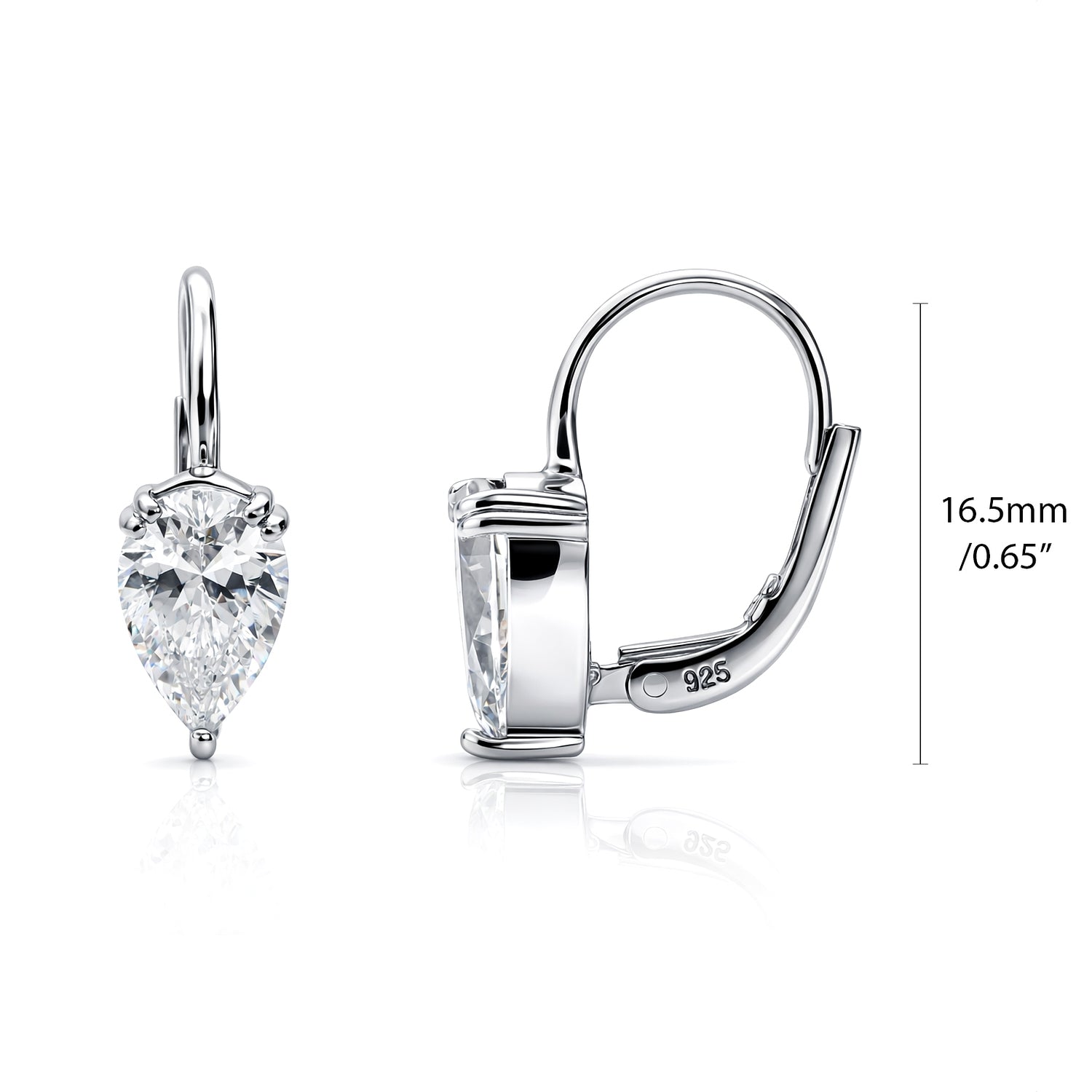 Solitaire 2.6ct Pear CZ Leverback Earrings in Sterling Silver, Rhodium Plated