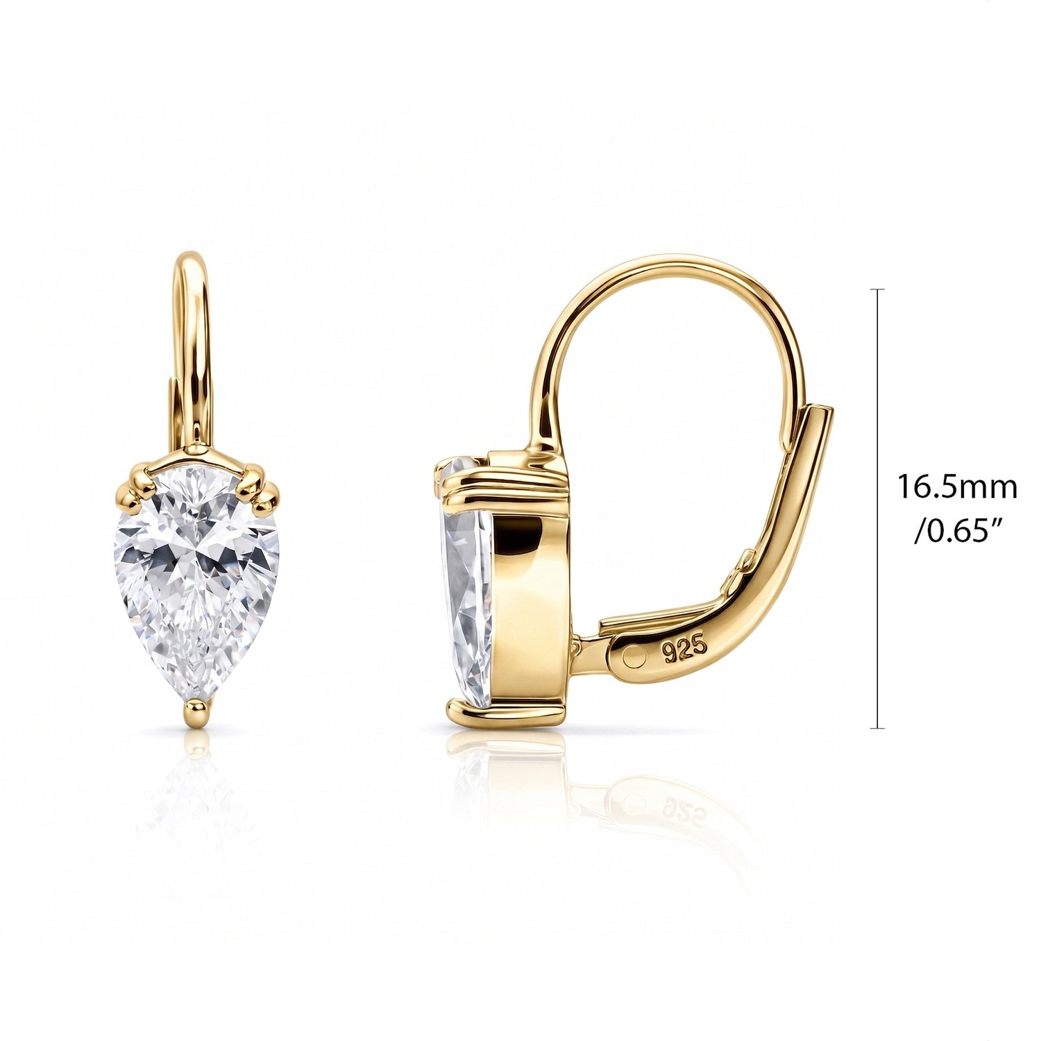 Solitaire 2.6ct Pear CZ Leverback Earrings in Sterling Silver, Gold Flashed