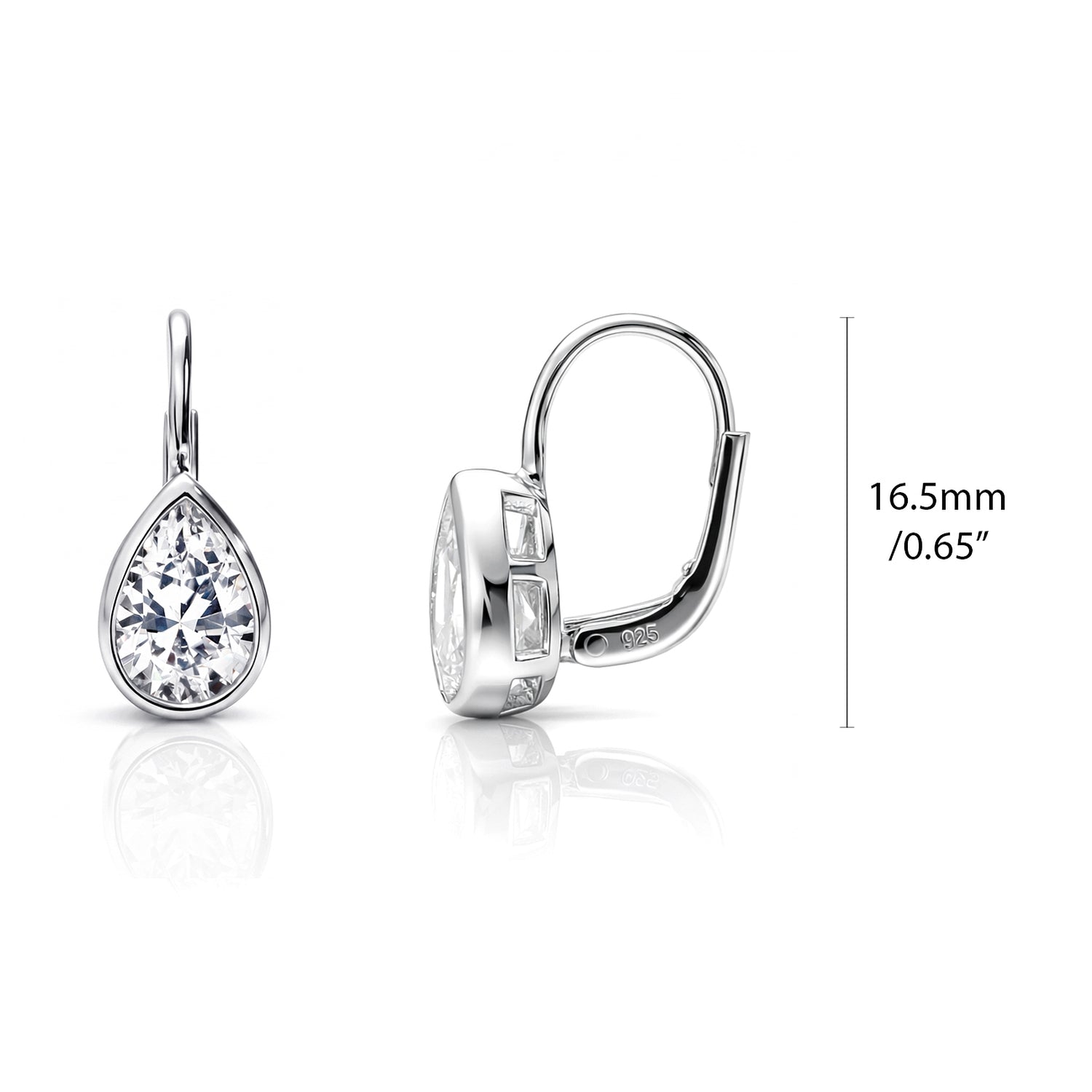 Solitaire 2.6ct Pear CZ Leverback Earrings in Sterling Silver, Rhodium Plated