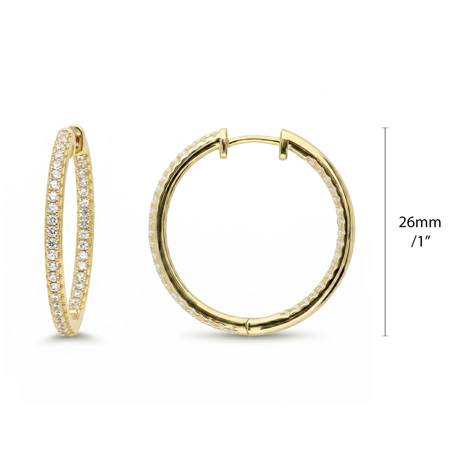 CZ Small Hoop Earrings in Sterling Silver, 1 inch, Gold Flashed