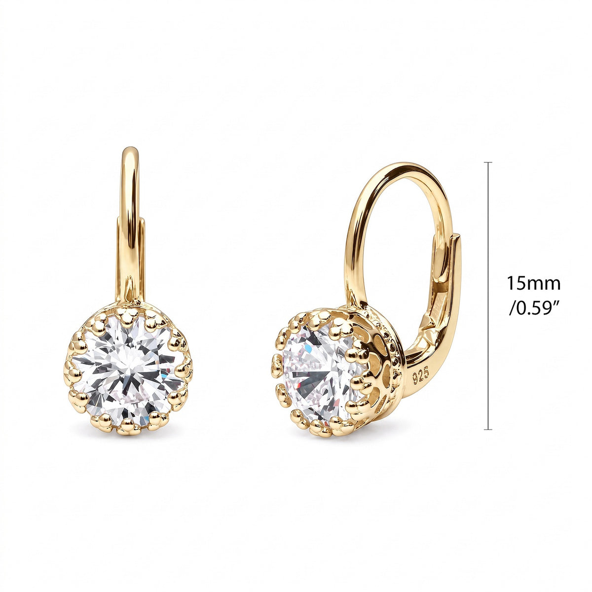 Solitaire 2ct Crown Set CZ Earrings in Sterling Silver, Gold Plated