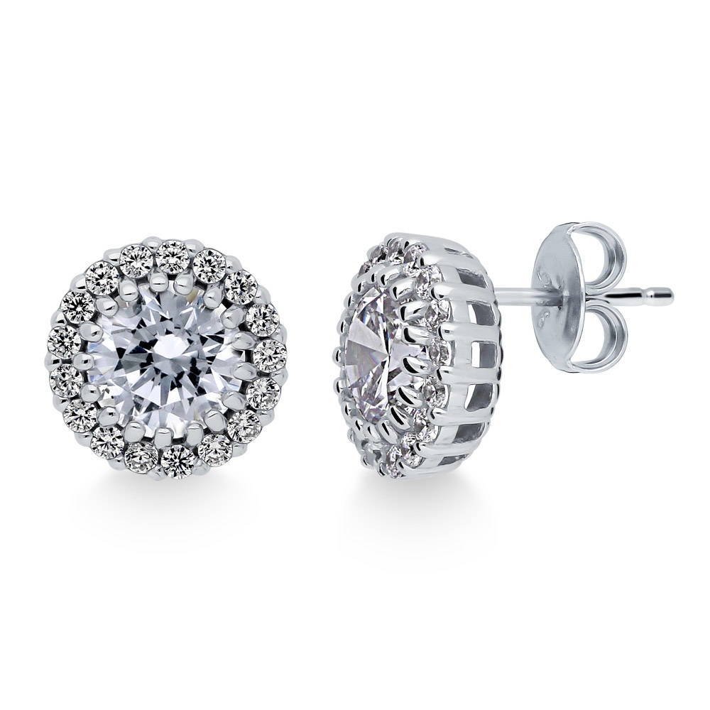 Halo CZ Stud Earrings in Gold Flashed Sterling Silver, Clear