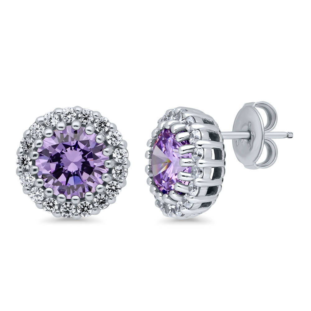Halo CZ Stud Earrings in Gold Flashed Sterling Silver, Purple