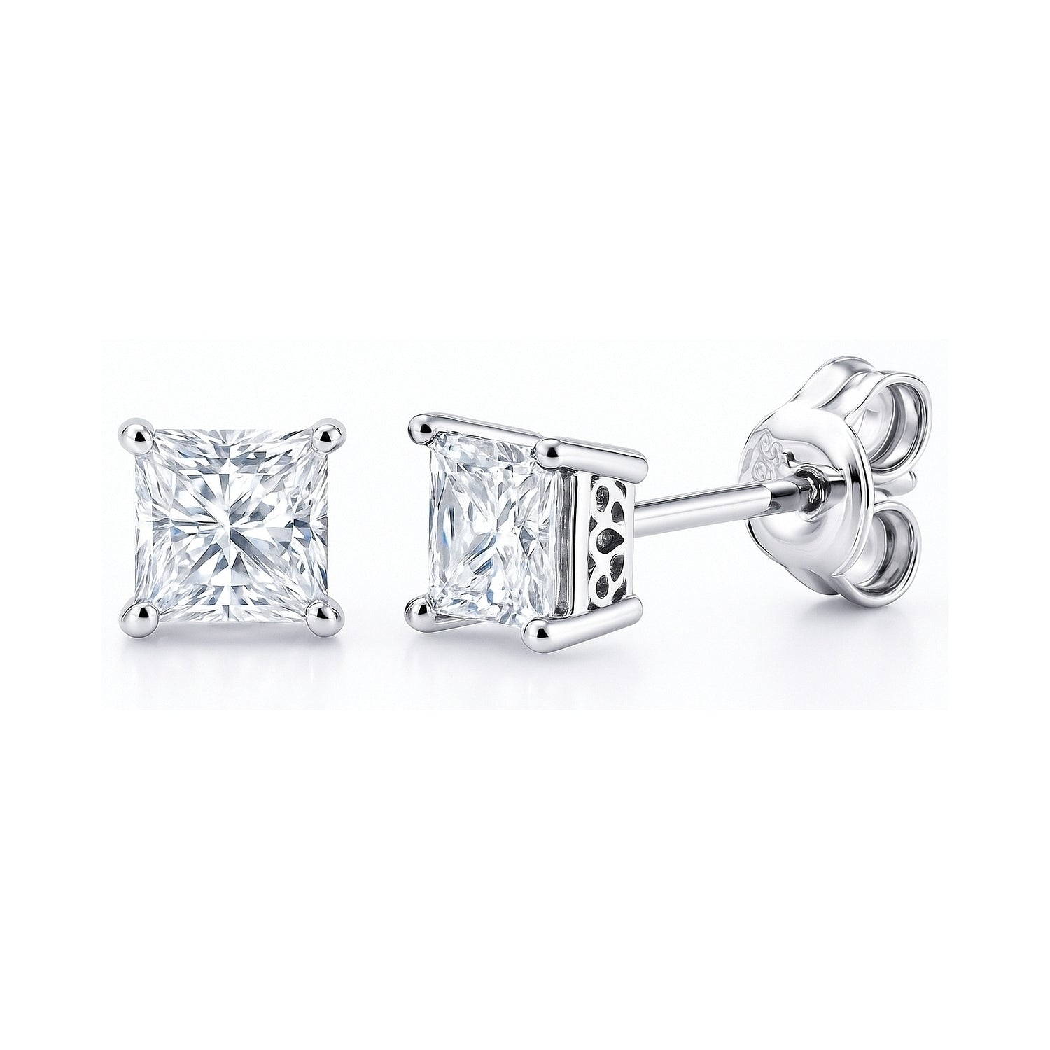 Solitaire Princess CZ Stud Earrings in Sterling Silver, 4mm
