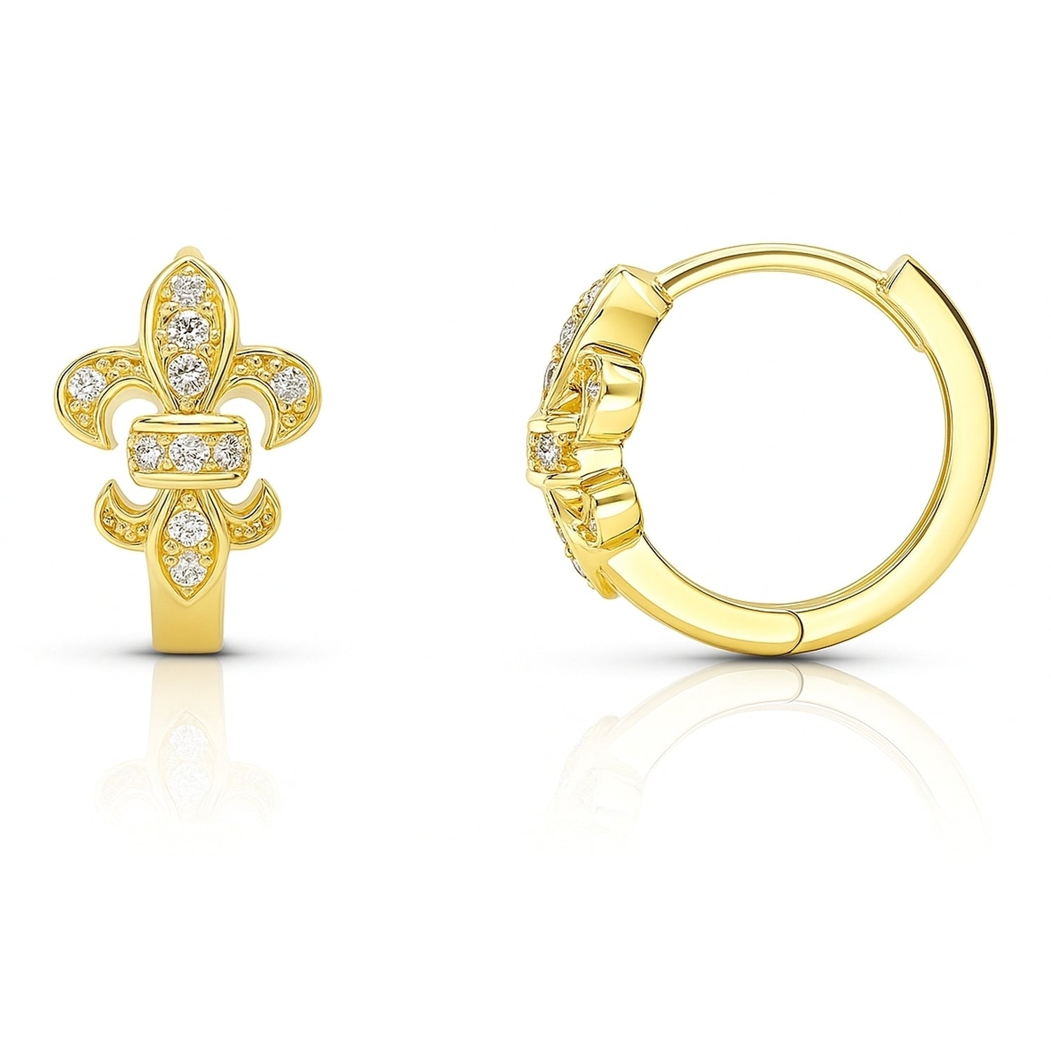 Fleur De Lis CZ Mini Huggie Earrings in Sterling Silver 0.5 inch, Yellow Gold Flashed