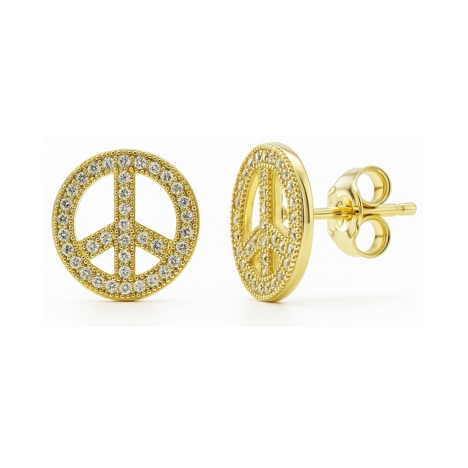 Peace Sign CZ Stud Earrings in Sterling Silver, Yellow Gold Flashed