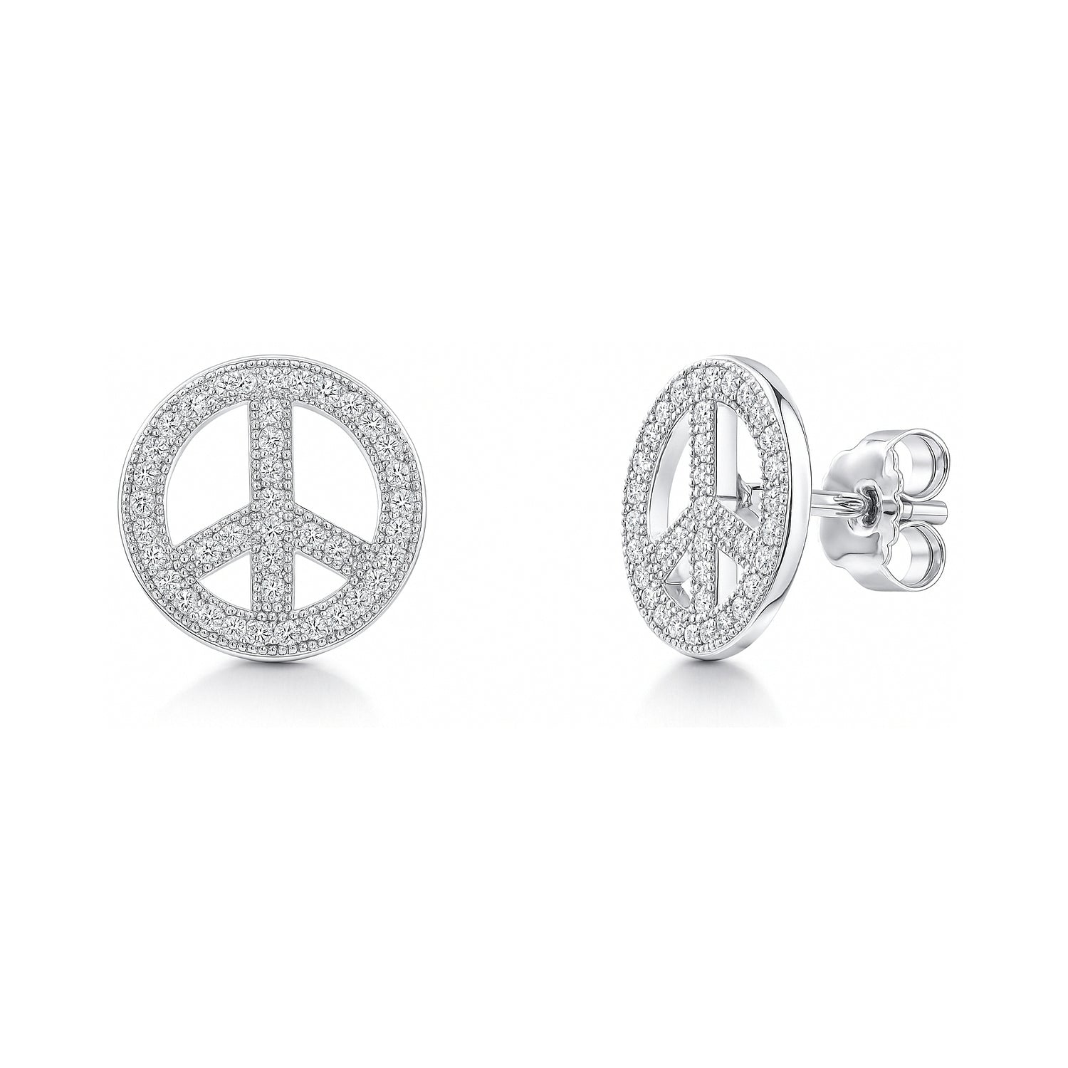 Peace Sign CZ Necklace and Earrings in Sterling Silver