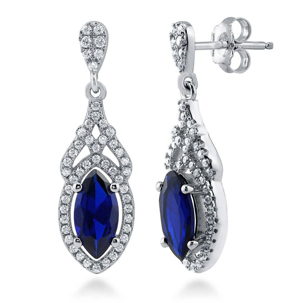 Halo Art Deco Sapphire-Blue Marquise CZ Set in Sterling Silver