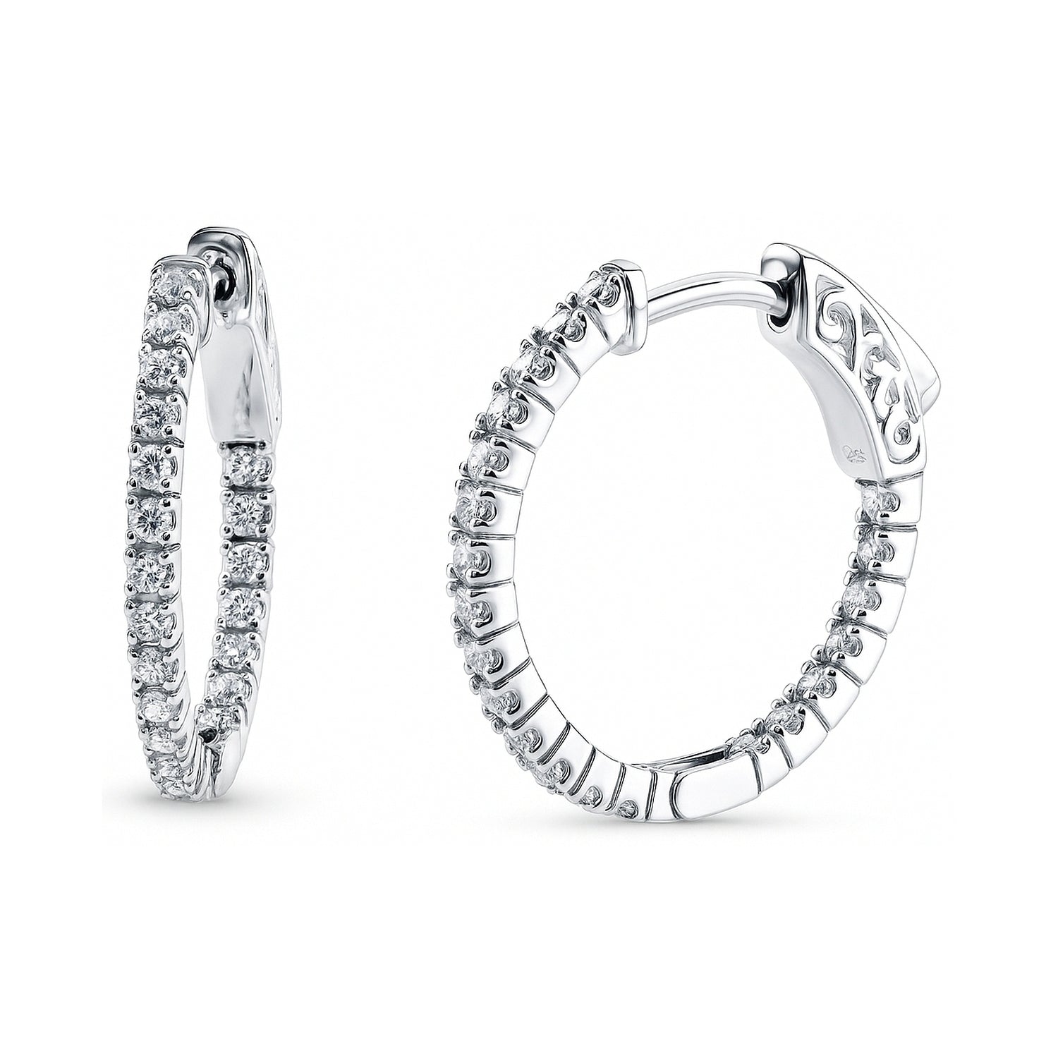 CZ Small Inside-Out Hoop Earrings in Sterling Silver 0.8 inch, Rhodium Plated