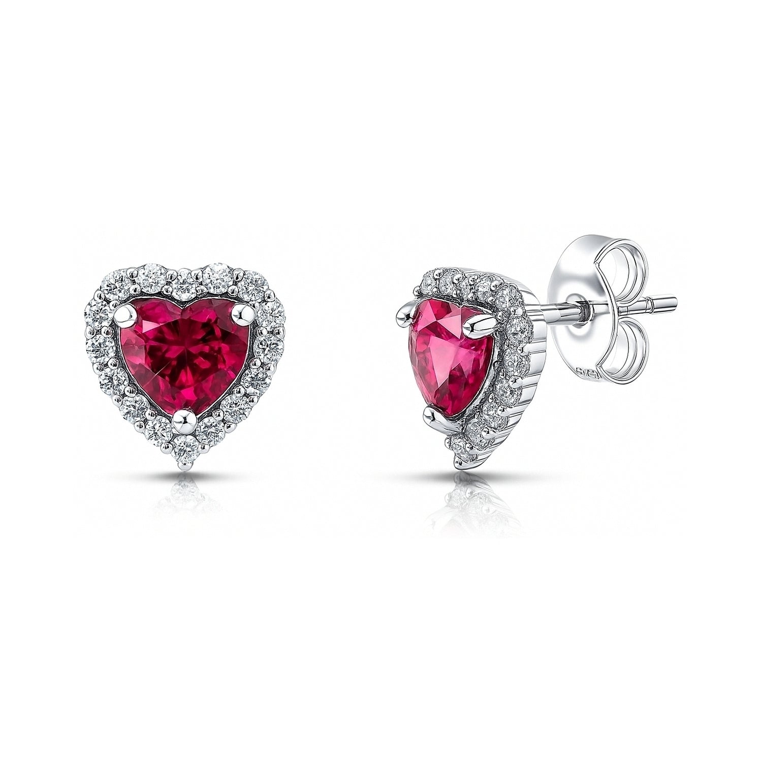 Halo Heart Heart CZ Stud Earrings in Sterling Silver, Ruby