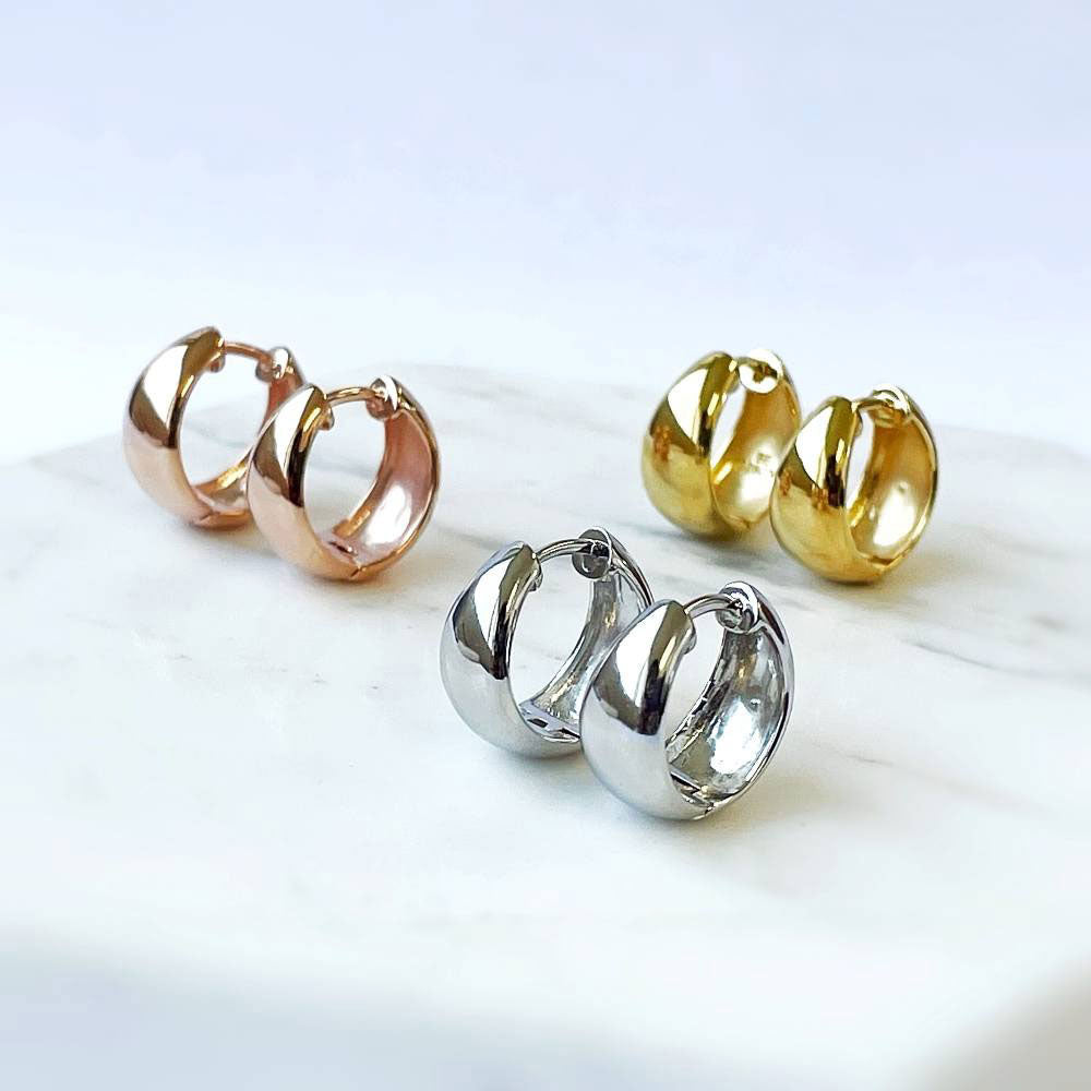Dome Hoop Huggie Earrings Style E1045-03, Dome Hoop Huggie Earrings Style E1045-04 in Flatlay Display