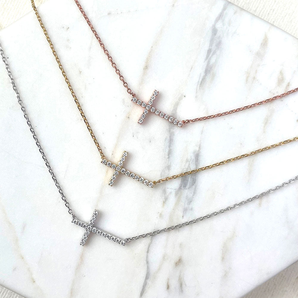 Sideways Cross CZ Necklace in Sterling Silver