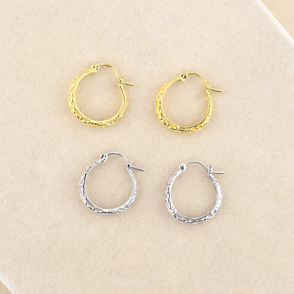 Filigree Small Hoop Earrings in Sterling Silver 0.8"