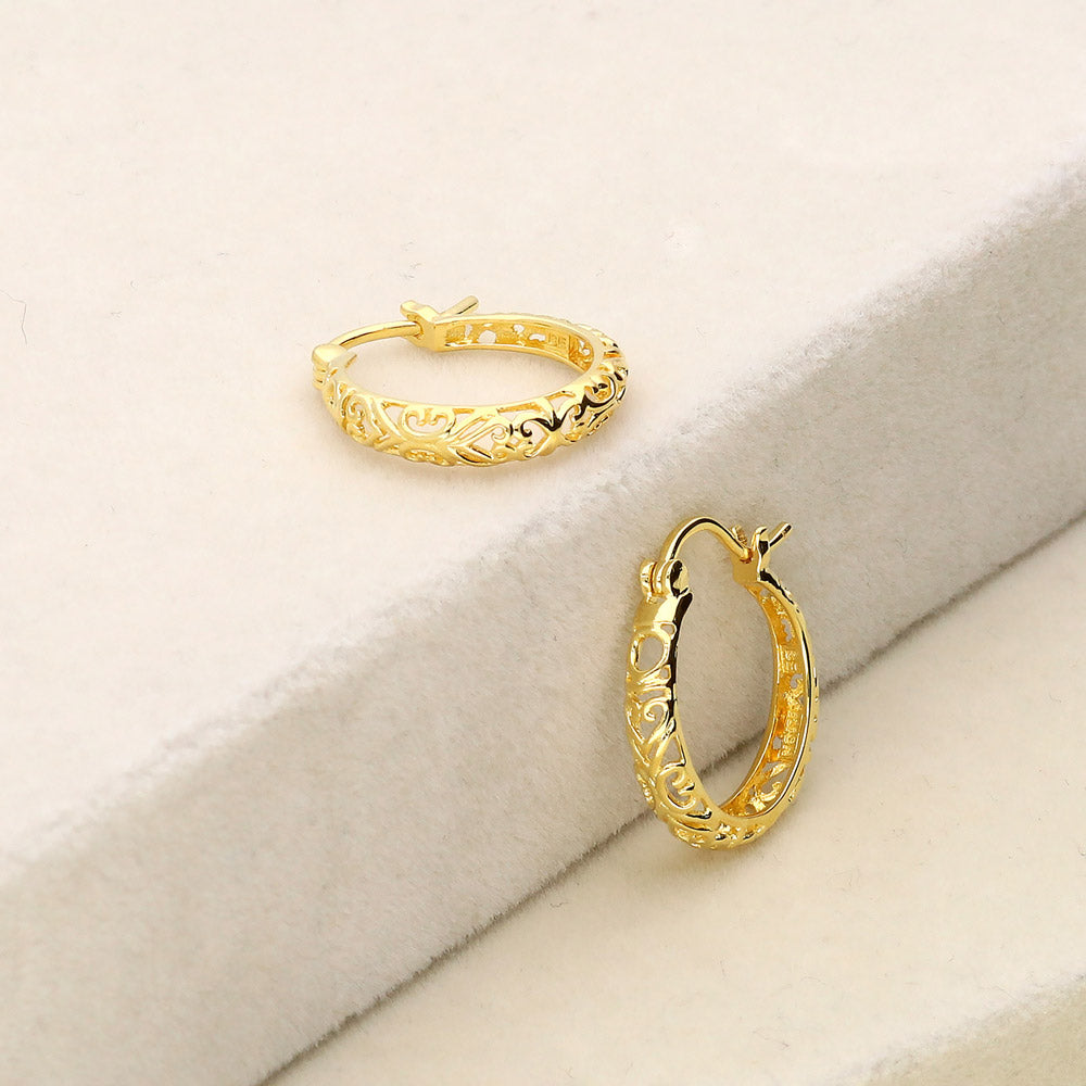 Filigree Hoop Earrings in Gold Flashed Sterling Silver, 2 Pairs
