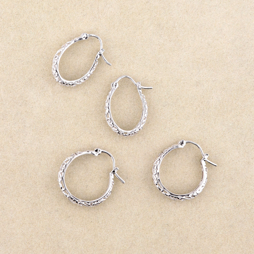 Oval Filigree Small Hoop Earrings in Sterling Silver 0.8"
