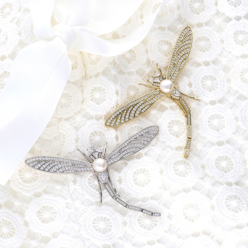 Dragonfly White Button Freshwater Cultured Pearl Pin in Sterling Silver