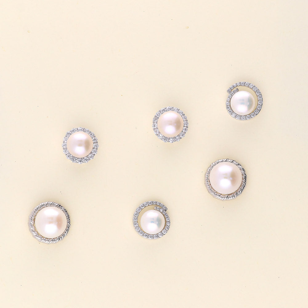 Halo White Button Cultured Pearl Stud Earrings in Sterling Silver