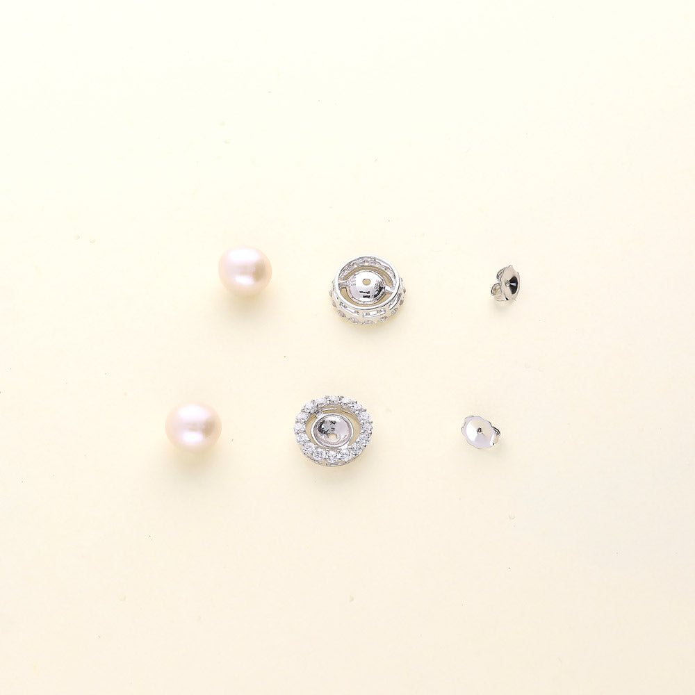 Halo White Button Cultured Pearl Stud Earrings in Sterling Silver