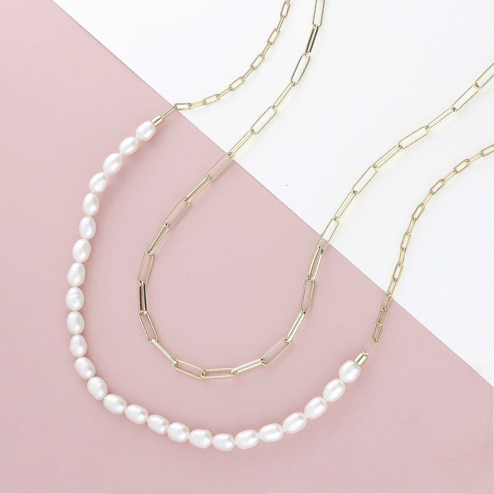 Paperclip White Oval Cultured Pearl Chain Necklace in Sterling Silver