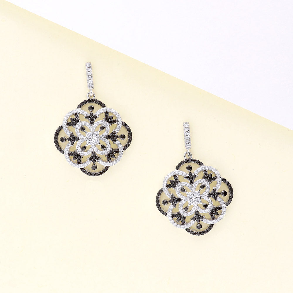 Flower Black and White CZ Statement Dangle Earrings in Sterling Silver