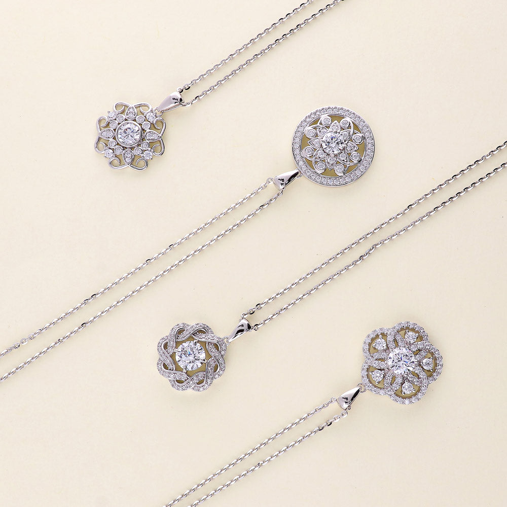 Flower Ribbon CZ Necklace and Earrings Set in Sterling Silver