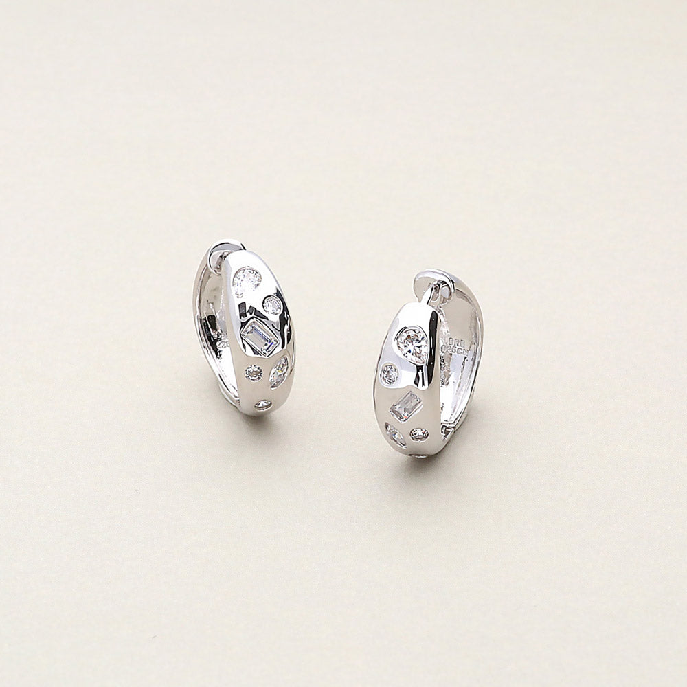 Dome CZ Small Hoop Earrings in Sterling Silver 0.8"