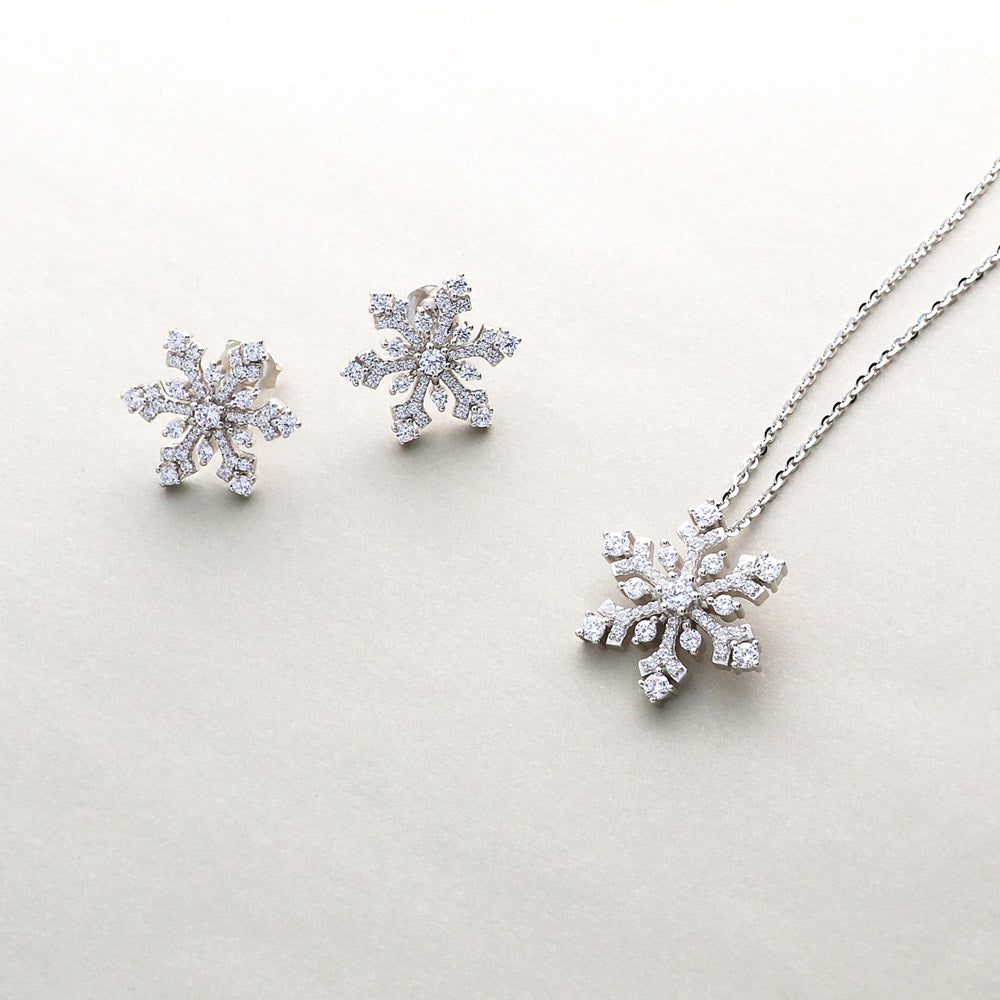 Flatlay view of Snowflake CZ Necklace and Earrings Set in Sterling Silver, 2 of 12