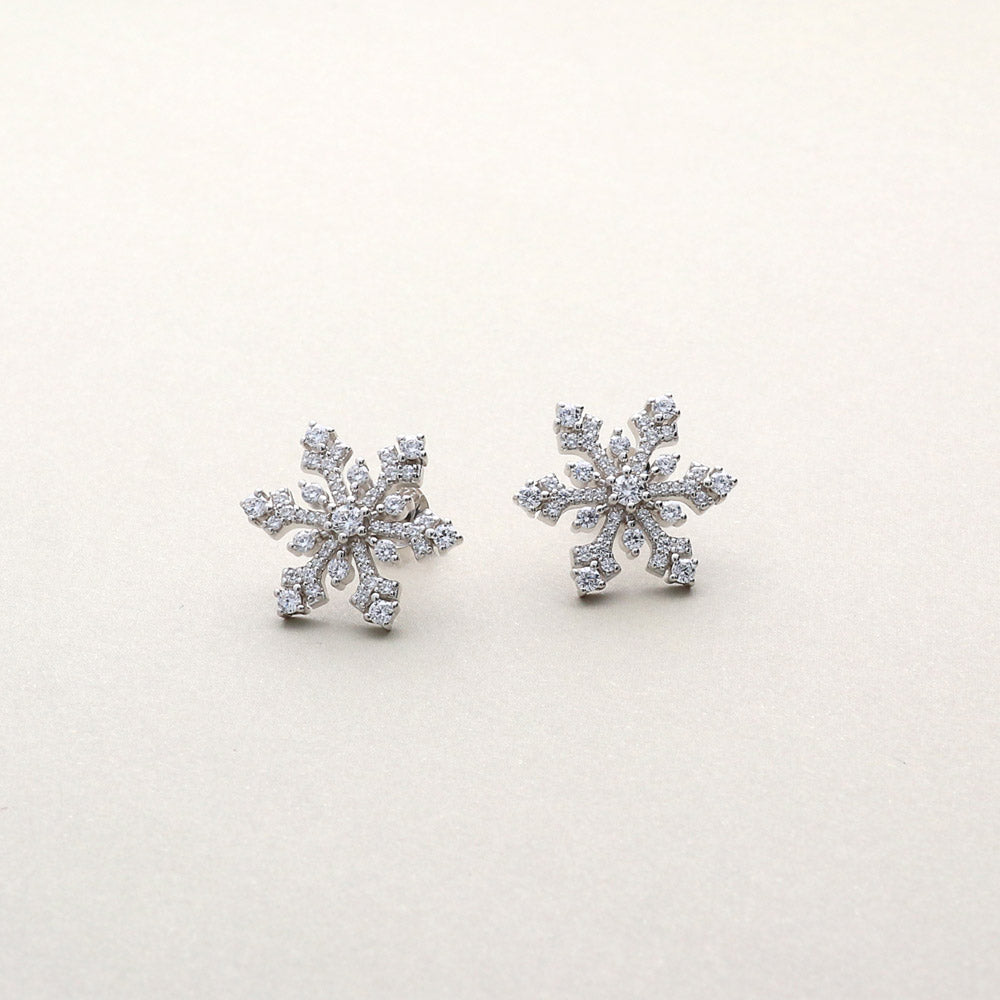 Flatlay view of Snowflake CZ Necklace and Earrings Set in Sterling Silver, 7 of 12